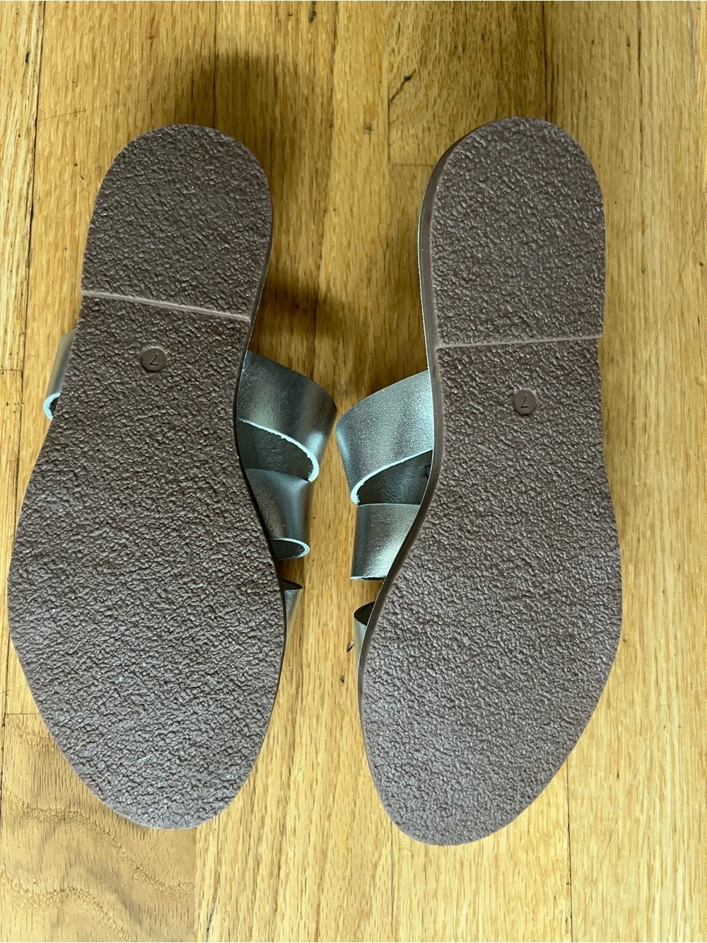 Madewell Metallic Silver Triple-Strap Slide Sandals in Leather